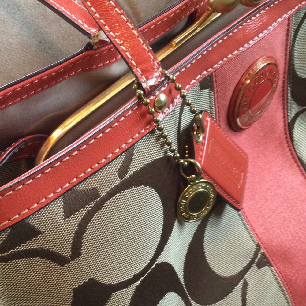 COACH handbag tan, brown canvas with tangerine leather accents - Picture 3 of 4